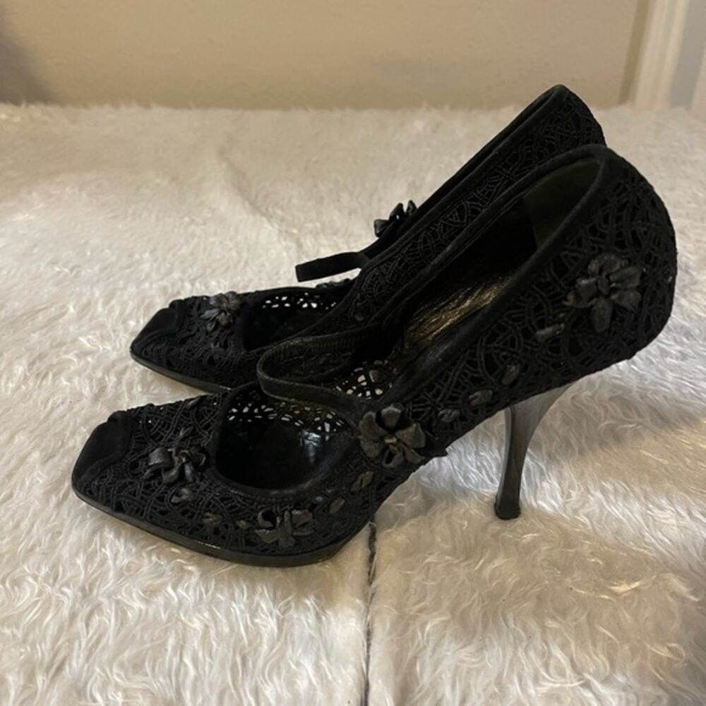 CASADEI Black Crochette Nylon And Suede Peep Toe Pumps Size 10